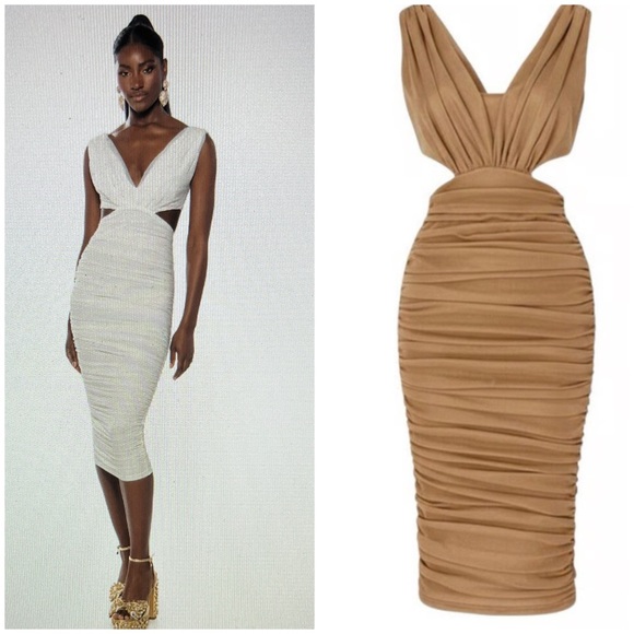 AKIRA Dresses & Skirts - NEW! AKIRA ALWAYS A SLAY THIS‎ WAY LOW V NECK MIDI DRESS in LIGHT BROWN SIZE L